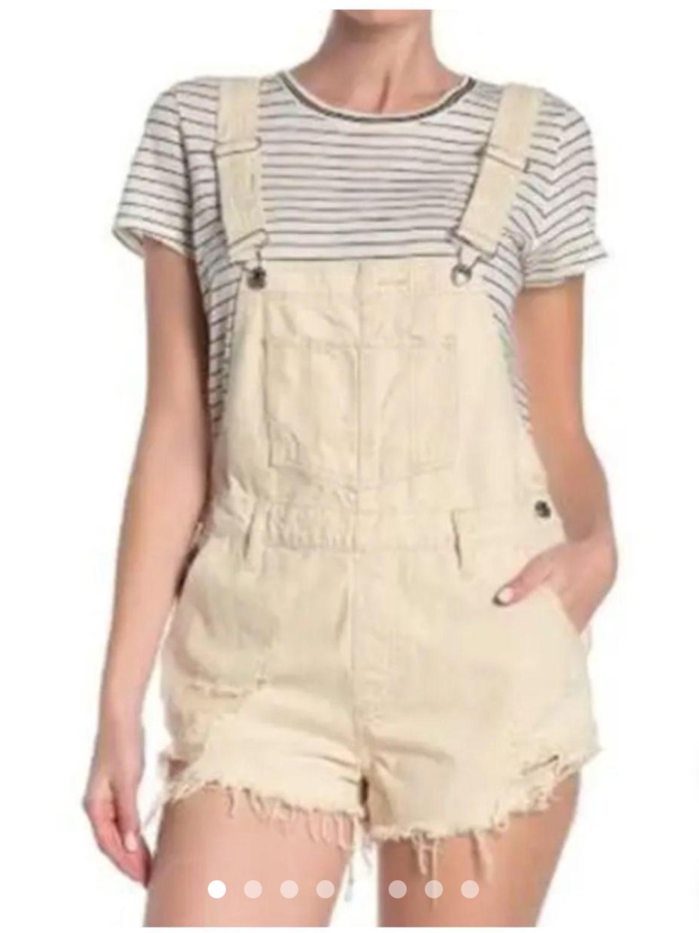 Free People We The Free Cream Denim Short Overalls with Frayed Hem